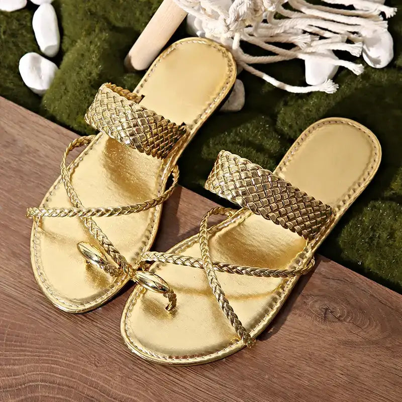 Gold Rome style ring toe flat sandals with braided straps from The Lady's Haven Boutique