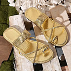 The Lady's Haven Boutique Rome style ring toe flat sandals in metallic gold with braided straps