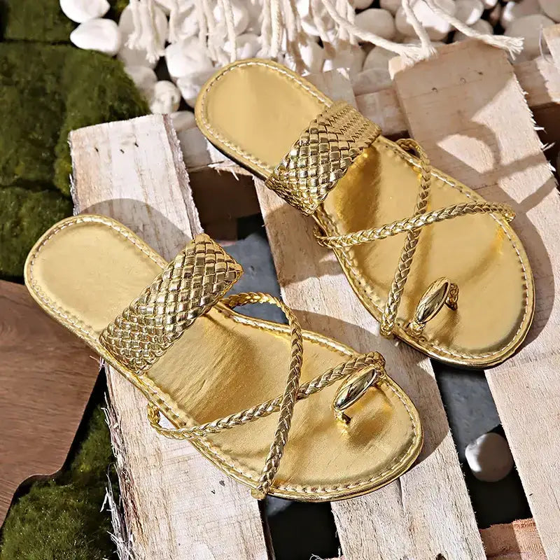 The Lady's Haven Boutique Rome style ring toe flat sandals in metallic gold with braided straps