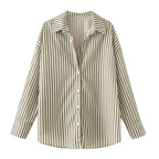 The Lady's Haven Boutique spring long sleeve office shirt with vertical beige and white stripes