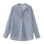 Blue and white striped spring long sleeve office shirt with button front and collar