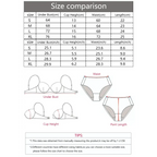 Size chart and measurement guide for ultra thin lace bra and panty set with bust, cup, waist, and length dimensions