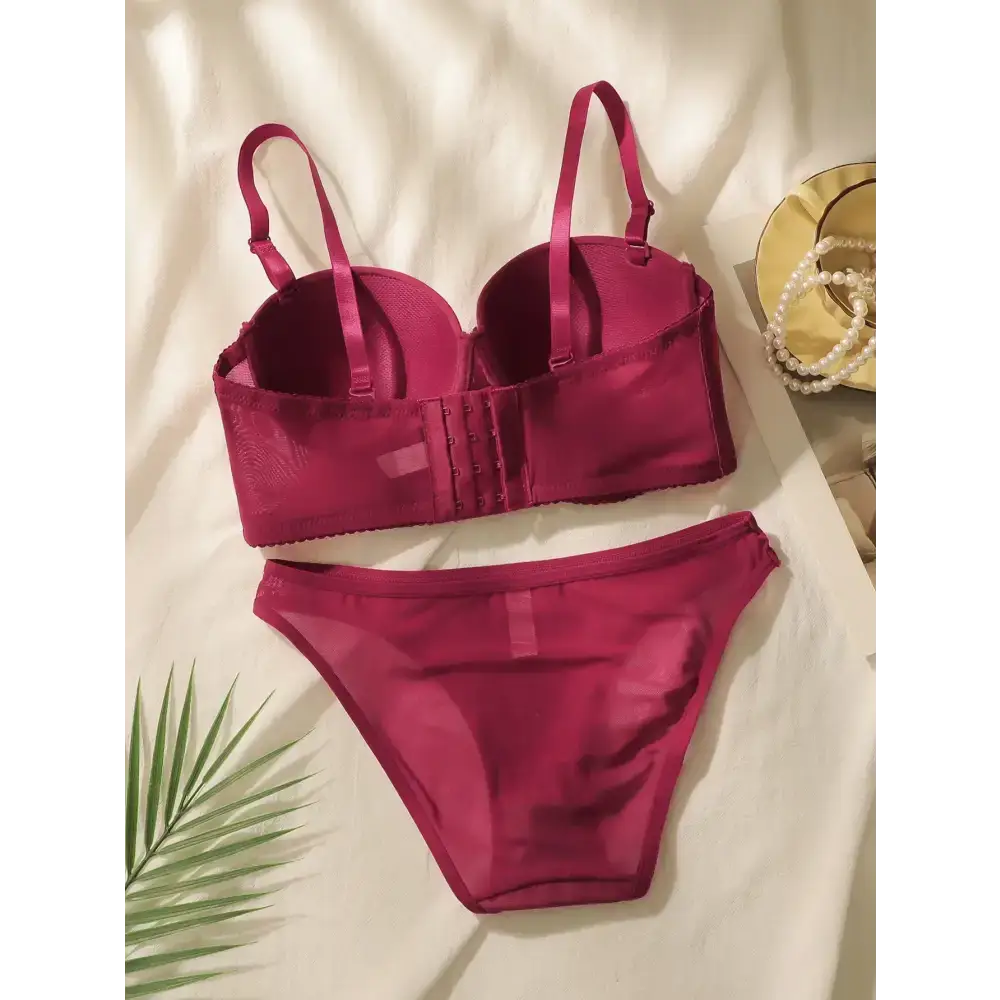 Wine red lingerie set with adjustable straps and matching sheer panties from The Lady's Haven Boutique