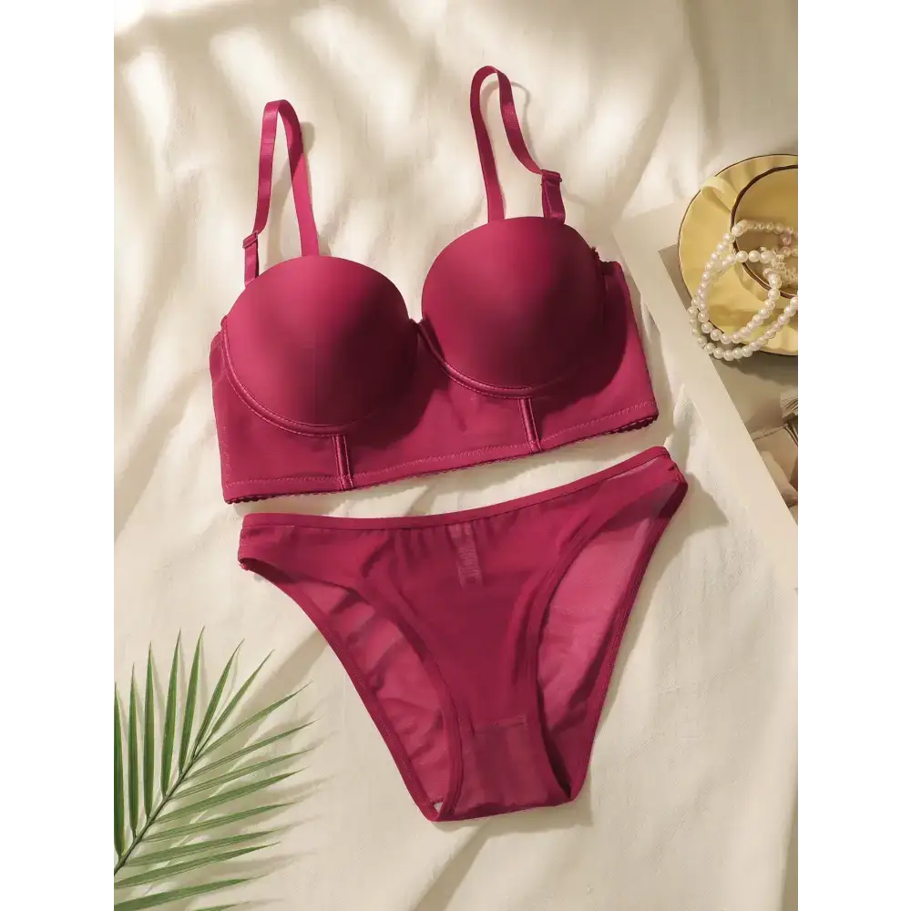 Wine red lingerie set with adjustable straps and matching panties from The Lady's Haven Boutique