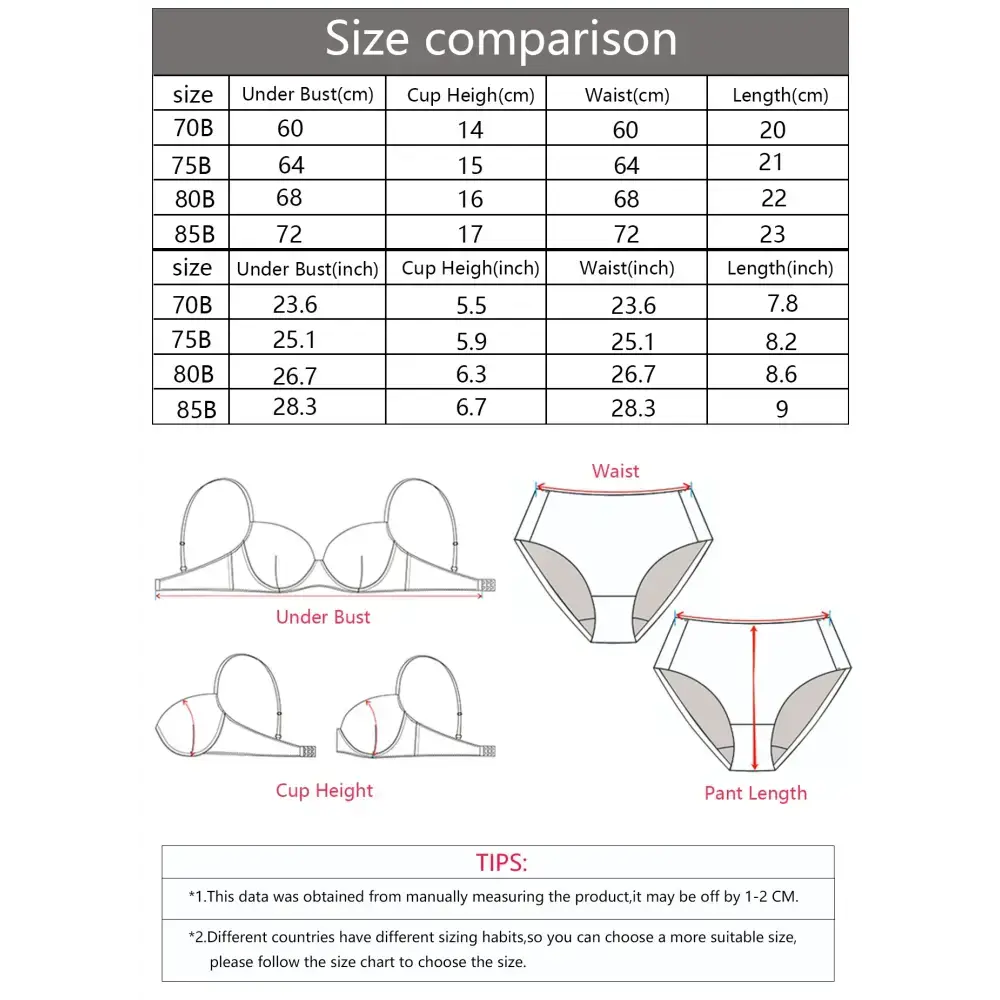 Size chart and measurement guide for wine red lingerie set showing bust, cup height, waist, and length dimensions