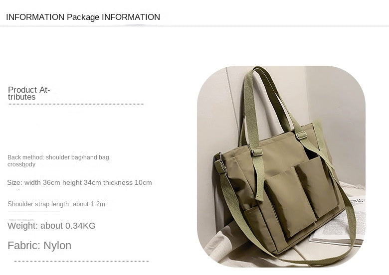 Bolso de mano para mujer impermeable en color verde oliva con múltiples bolsillos y correas de hombro ajustables.