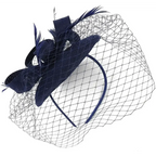Elegant navy wedding pillbox hat with feathers and netting for sophisticated bridal style