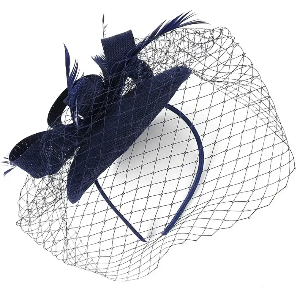 Elegant navy wedding pillbox hat with feathers and netting for sophisticated bridal style