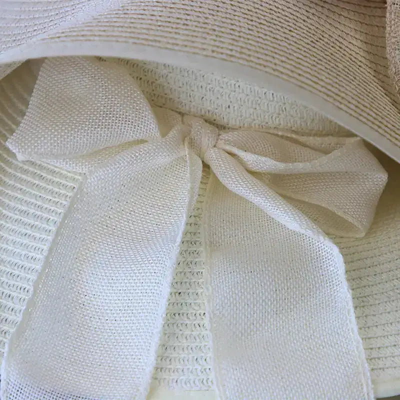 Close-up of a wide brim floppy hat for women featuring a stylish ribbon detail at the back