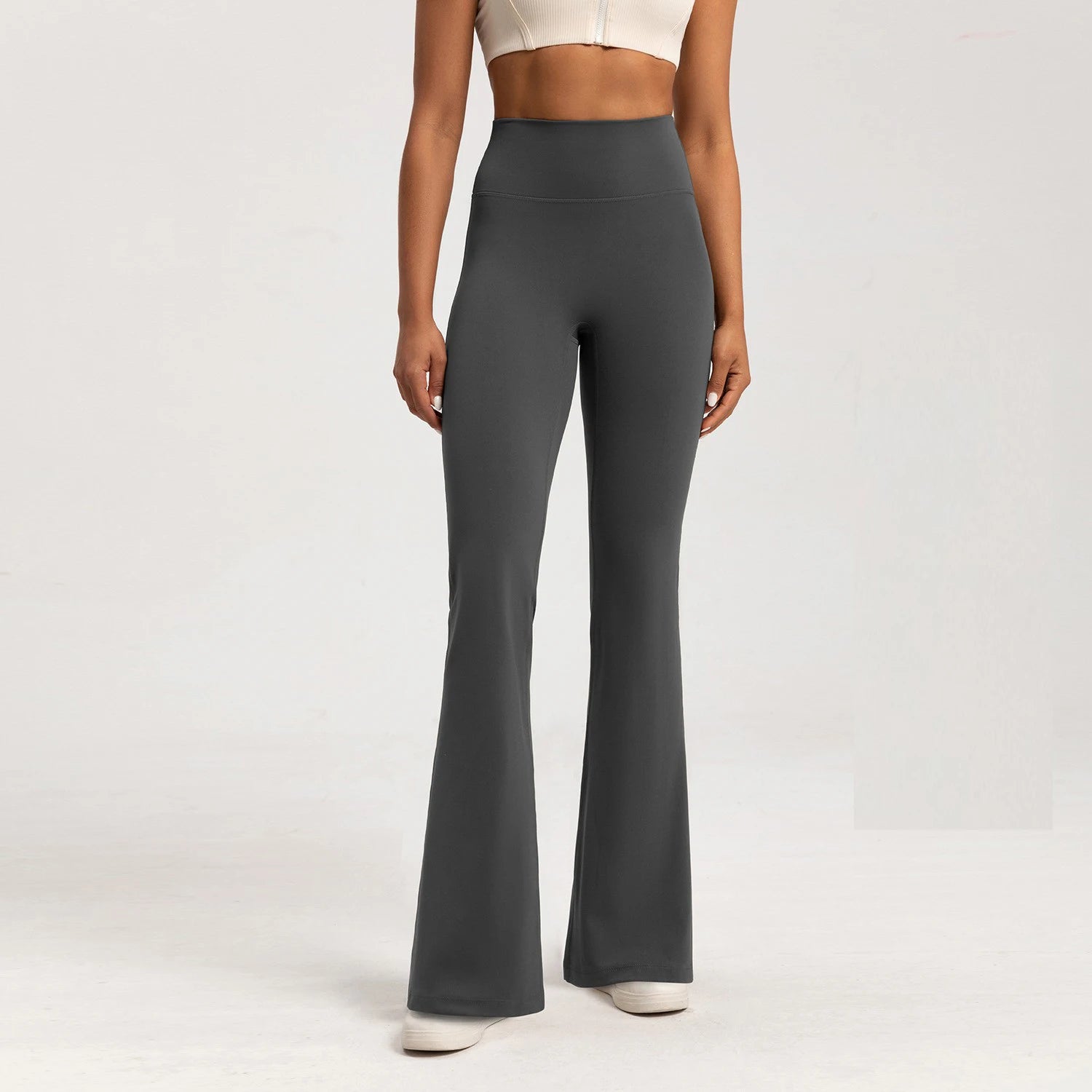 Stylish wide leg sports leggings in dark gray, perfect for comfortable workouts and casual wear