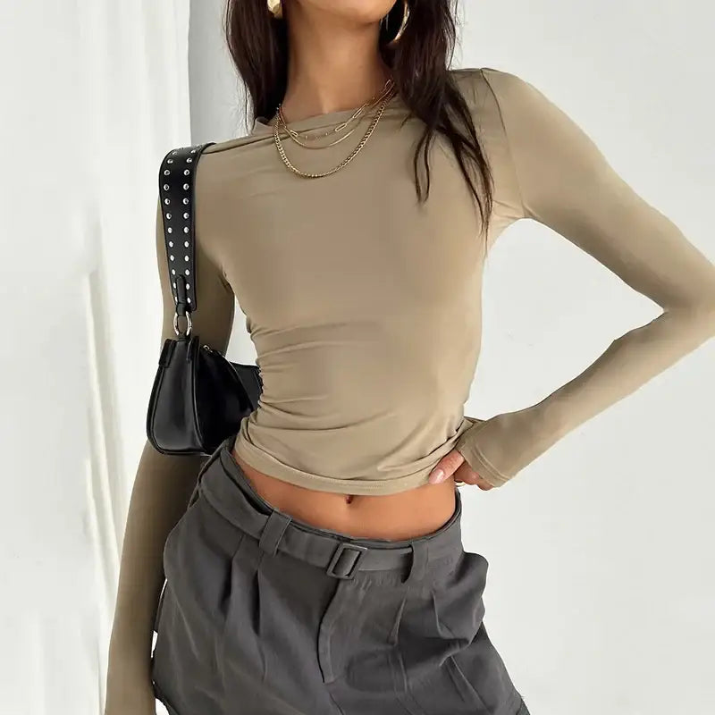 Stylish Women Casual Long Sleeve T-Shirts Spring Autumn Solid Slim Fit Pullovers Tees from Yezw, perfect for streetwear.
