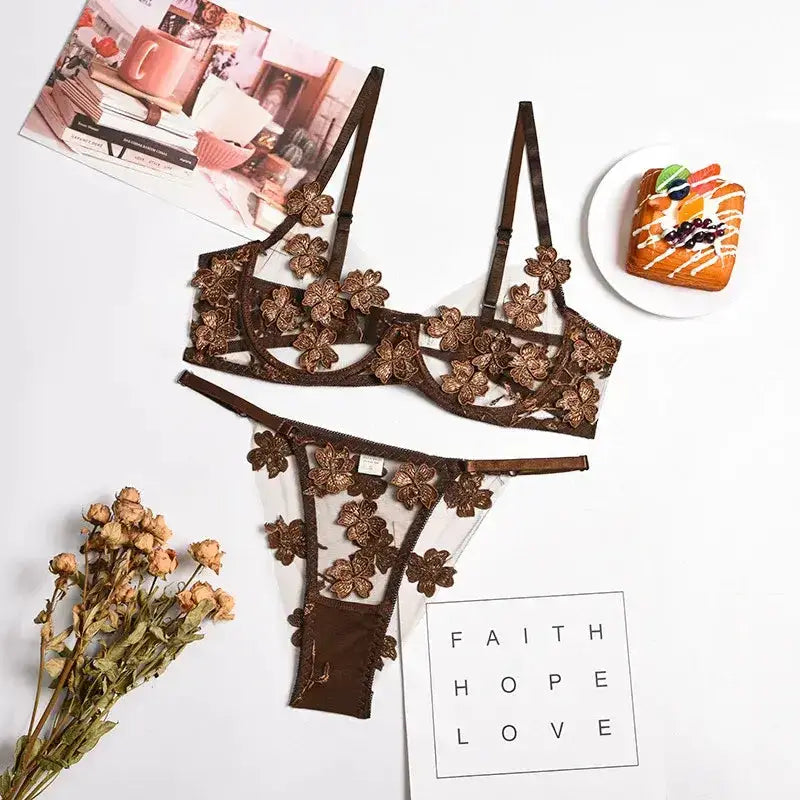 Women Exotic Lingerie Set Transparent Floral Lace Bras and Briefs Intimates Suit - brown / L / CHINA