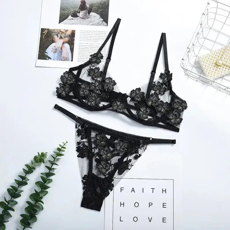 Women Exotic Lingerie Set Transparent Floral Lace Bras and Briefs Intimates Suit - black / M / CHINA