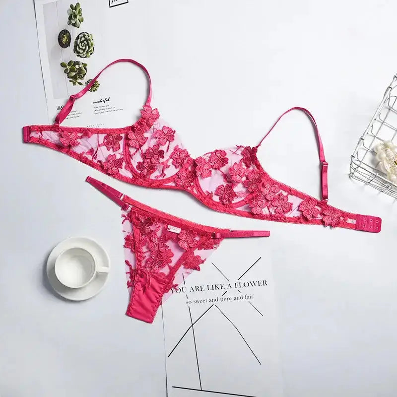 Women Exotic Lingerie Set Transparent Floral Lace Bras and Briefs Intimates Suit - rose red / L / CHINA