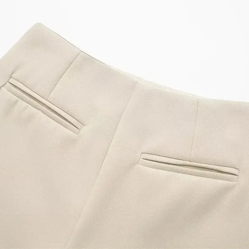 Close-up of beige fashionable skorts with back welt pockets from The Lady's Haven Boutique