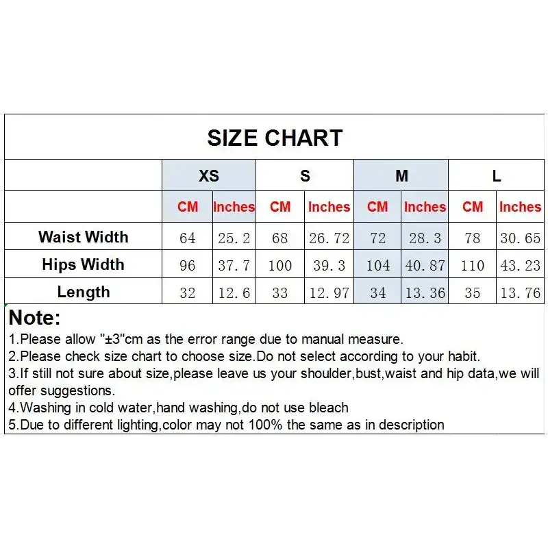 Size chart for fashionable skorts from The Lady's Haven Boutique showing waist, hips, and length measurements in cm and inches