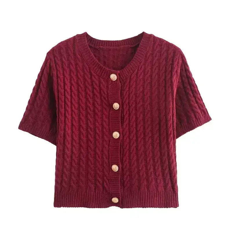 Women's Autumn Elegant Cropped Sweater Cardigan in burgundy with button-down front and textured knit design