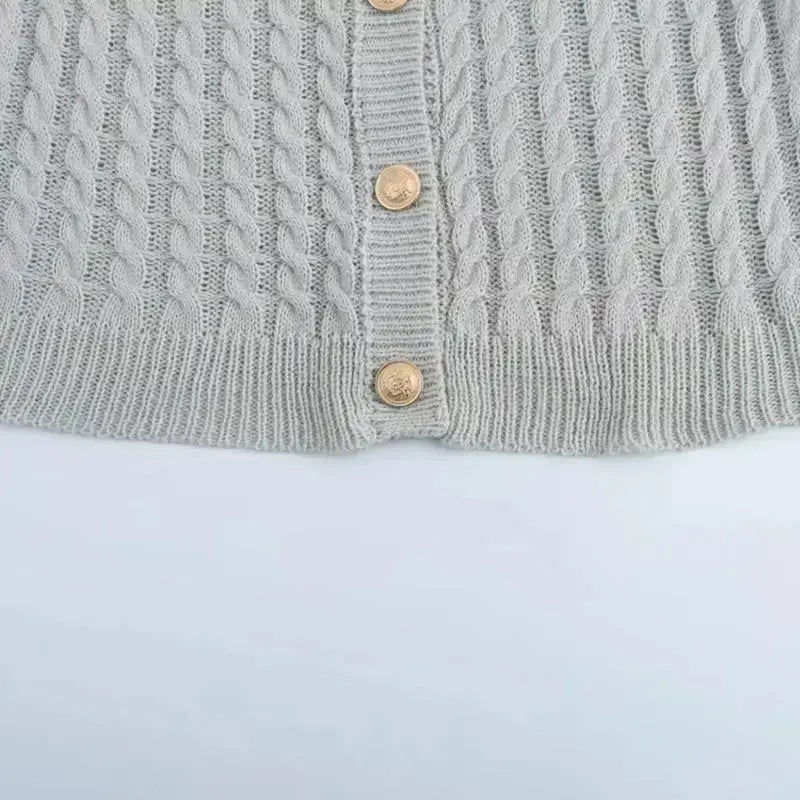 Women's Autumn Elegant Cropped Sweater Cardigan in Light Gray with Cable Knit and Button Closure