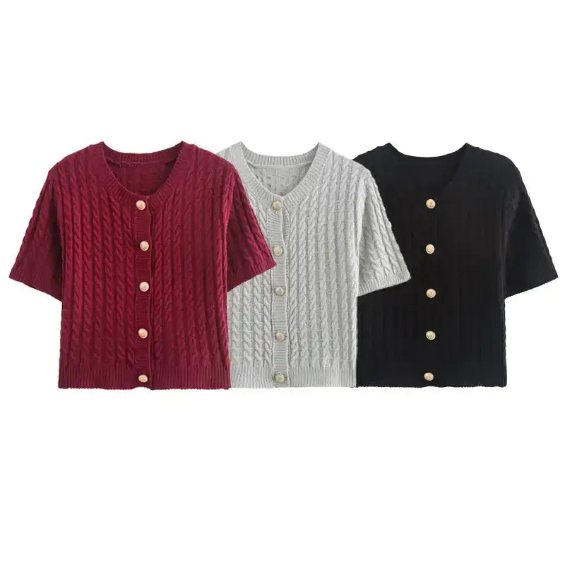 Women's Autumn Elegant Cropped Sweater Cardigan available in burgundy, gray, and black colors with button details