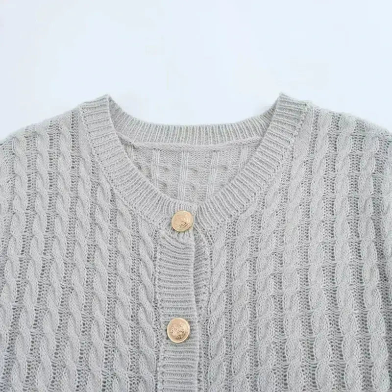 Women's Autumn Elegant Cropped Sweater Cardigan in light gray with button details and textured knit design