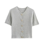 Women's Autumn Elegant Cropped Sweater Cardigan in light gray with short sleeves and button closure