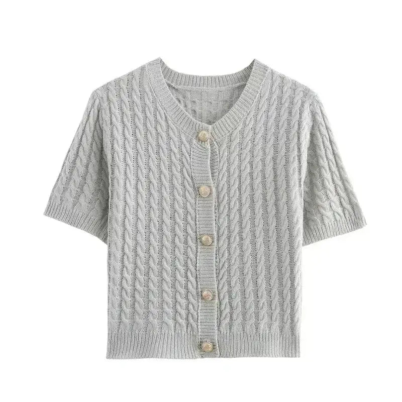 Women's Autumn Elegant Cropped Sweater Cardigan in light gray with short sleeves and button closure