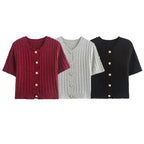 Women's Autumn Elegant Cropped Sweater Cardigan available in burgundy, gray, and black colors with button details
