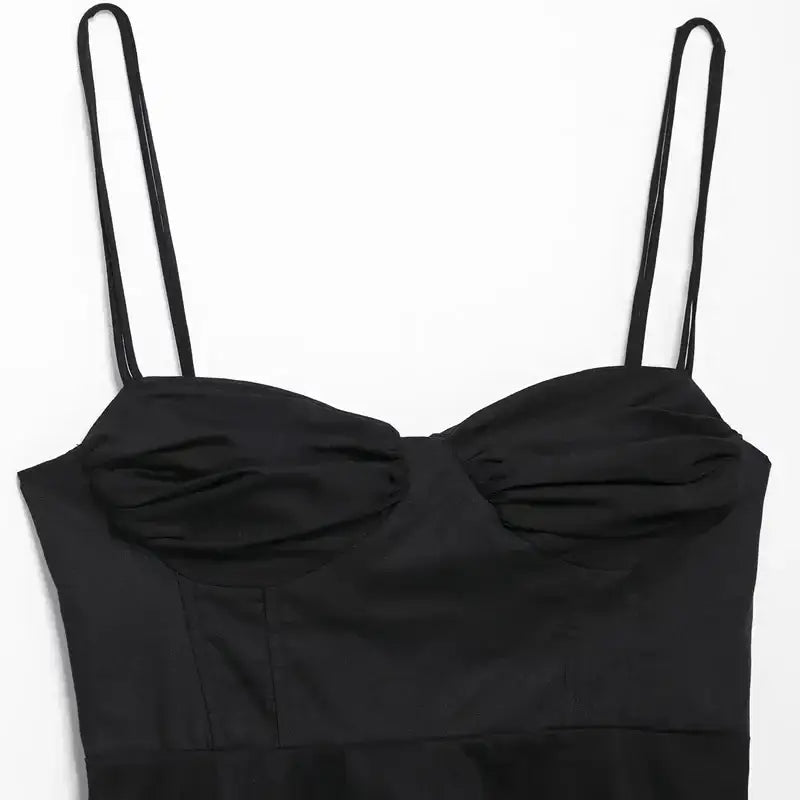 Black sexy bow backless slip top with thin straps and gathered bust detail