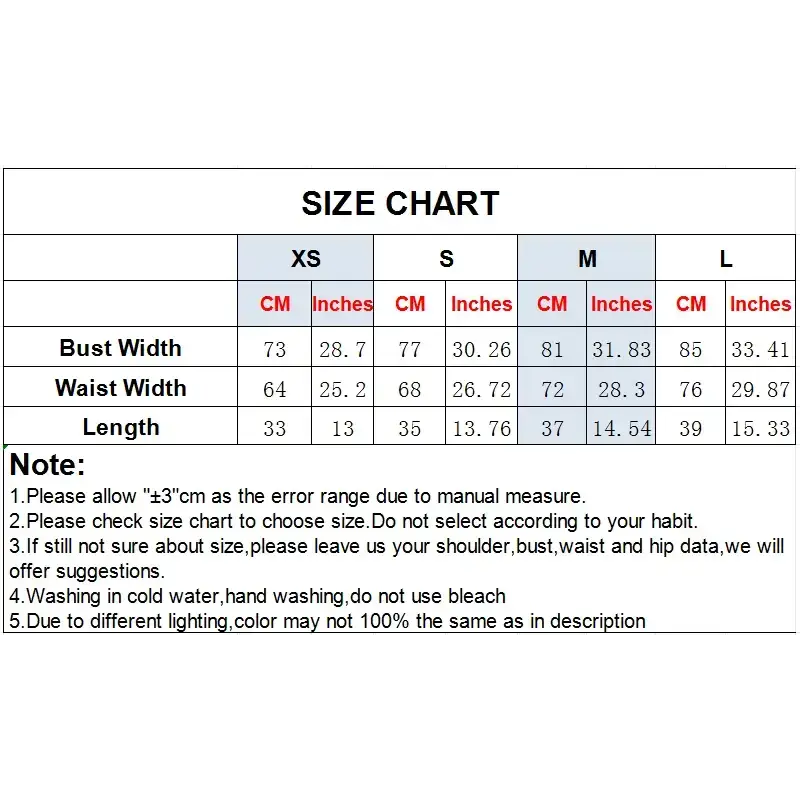 Size chart for sexy bow backless slip top showing bust waist and length measurements in XS S M and L