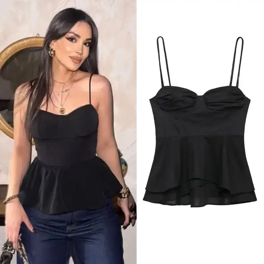 Black sexy bow backless slip top with spaghetti straps and peplum hem shown on model and flat lay