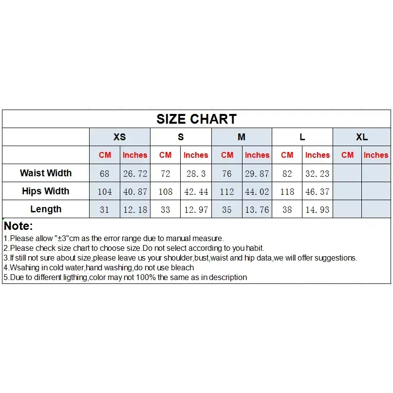 Size chart for black high waisted shorts showing waist, hips, and length measurements in centimeters and inches from XS to XL