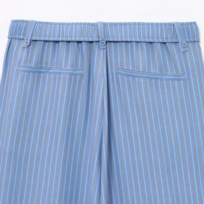 Back view of blue striped pants with elastic waistband from casual summer lounge set by The Lady's Haven Boutique