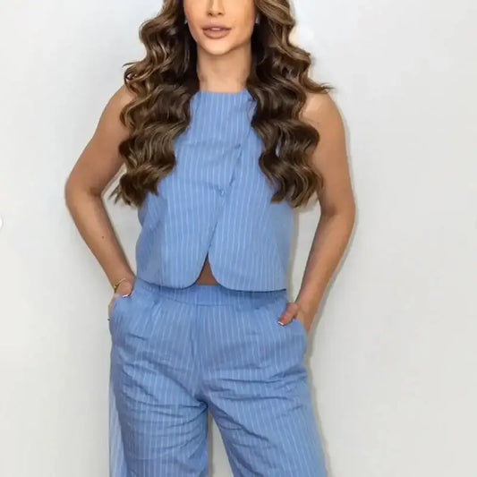 Blue pinstriped sleeveless top and pants casual summer lounge set from The Lady's Haven Boutique