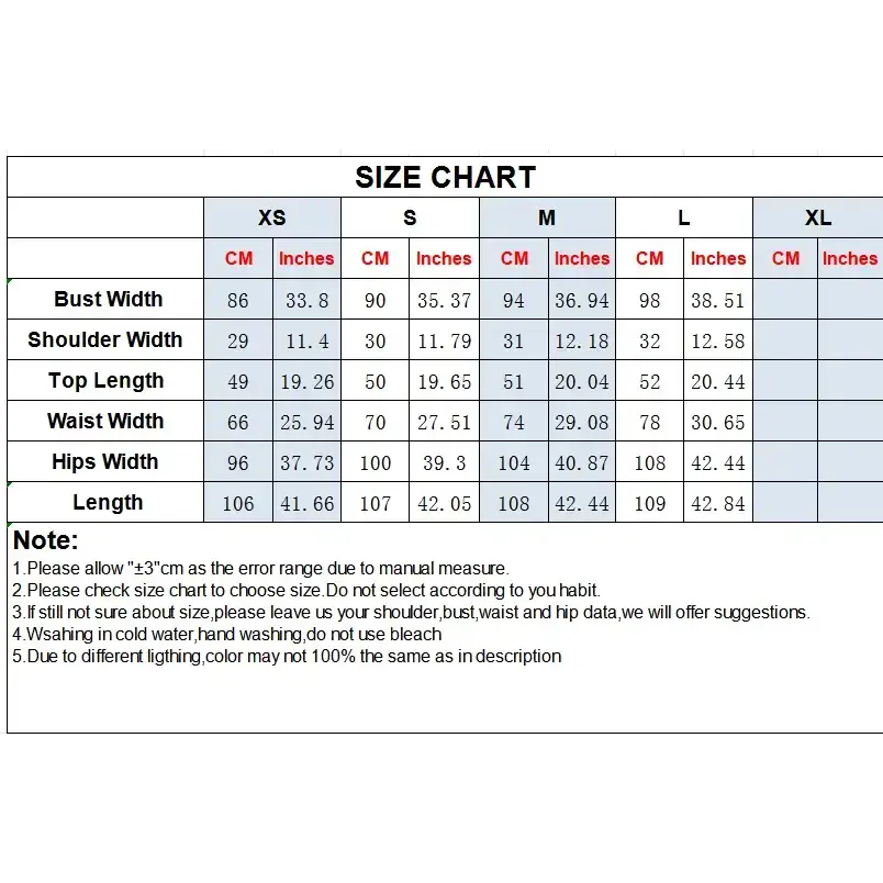 Size chart for casual summer lounge set showing measurements in centimeters and inches for XS to XL sizes
