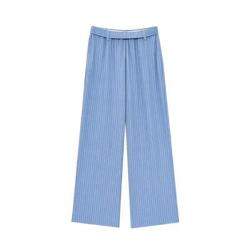 Blue pinstripe wide leg pants from casual summer lounge set by The Lady's Haven Boutique