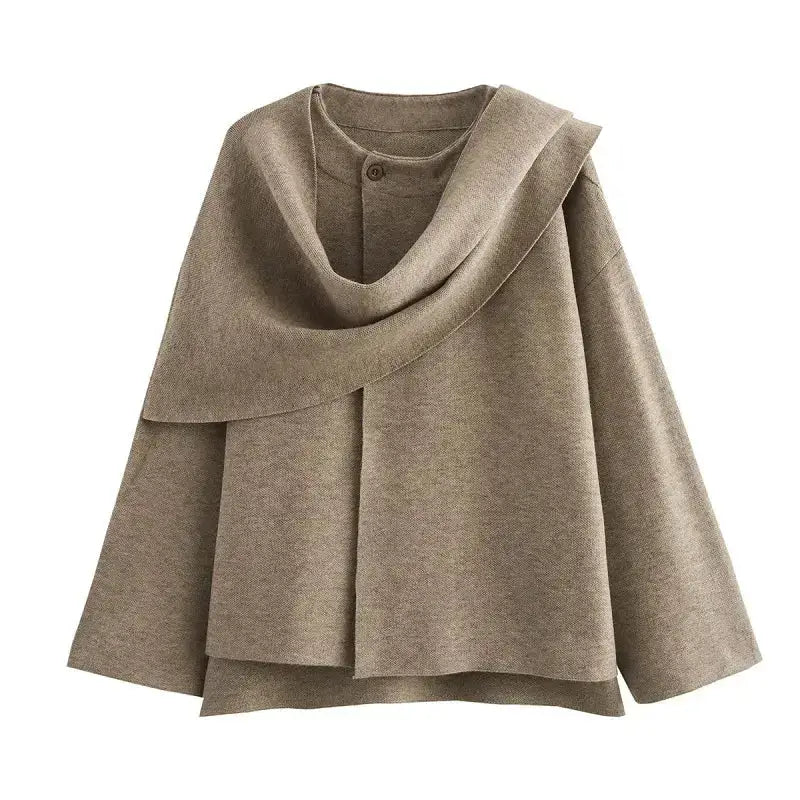 Taupe long sleeve cardigan for ladies with a unique layered collar design from The Lady's Haven Boutique