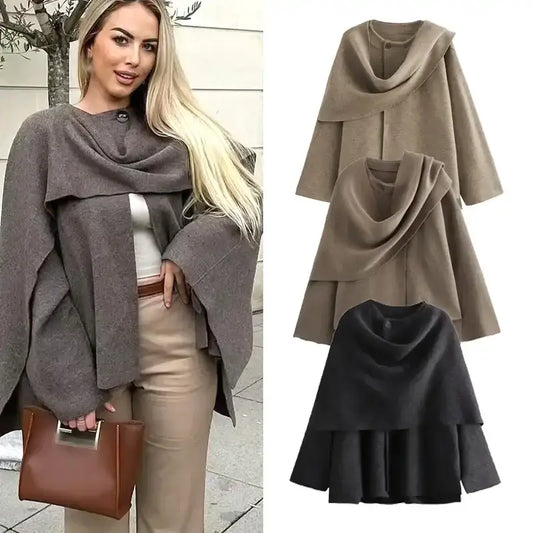 Long sleeve cardigan for ladies in brown, gray, and black colors with draped collar styling from The Lady's Haven Boutique