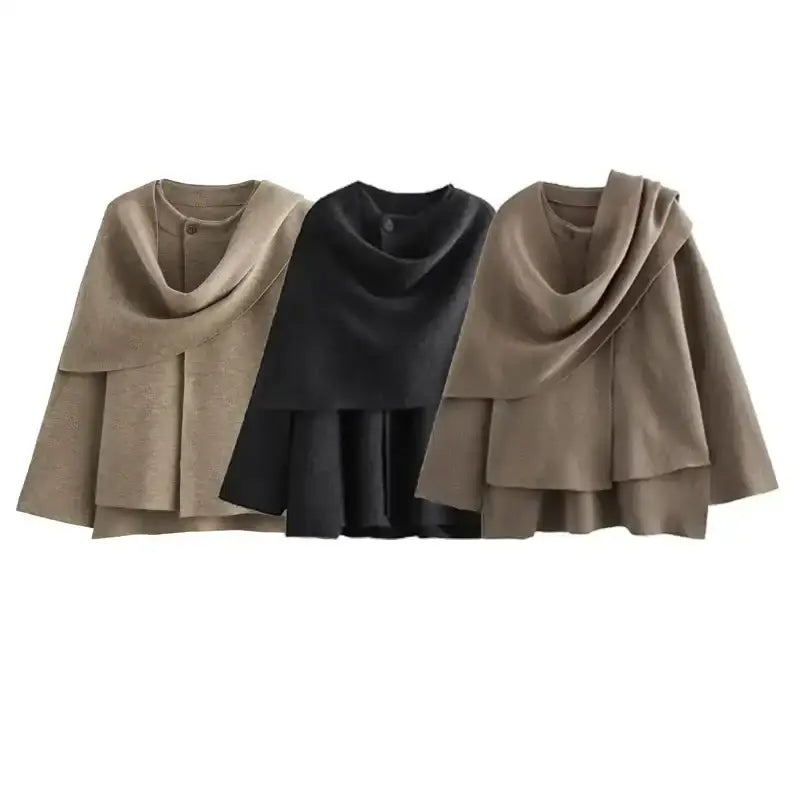 Three long sleeve cardigan for ladies in beige, black, and taupe with layered draped design
