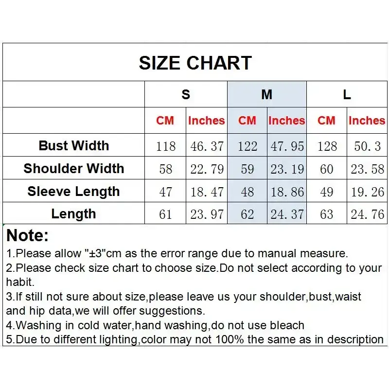 Size chart for long sleeve cardigan for ladies with measurements in centimeters and inches