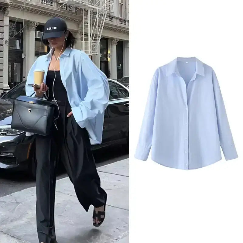 Light blue spring long sleeve office shirt styled with black pants and accessories for a chic look