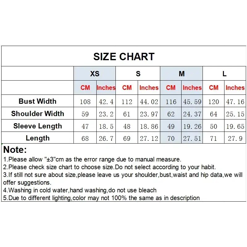 Size chart for spring long sleeve office shirt showing measurements for bust, shoulder, sleeve length, and overall length in centimeters and inches