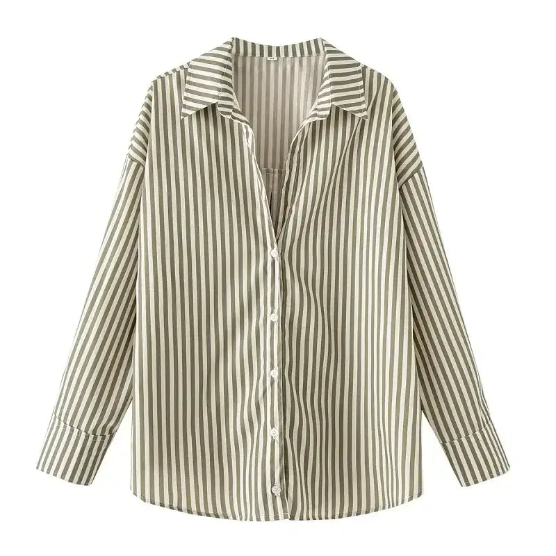 The Lady's Haven Boutique spring long sleeve office shirt with vertical beige and white stripes