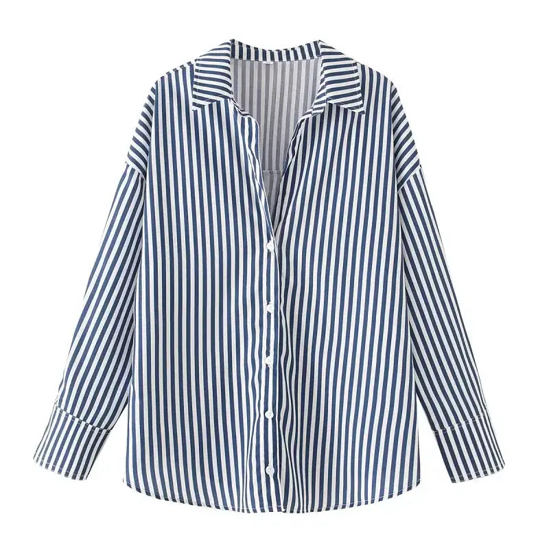 Blue and white striped spring long sleeve office shirt with button front and collar
