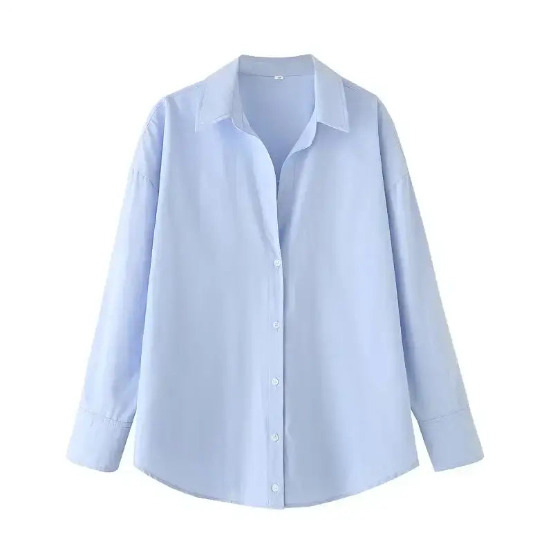 Light blue spring long sleeve office shirt with classic collar and button-down front from The Lady's Haven Boutique