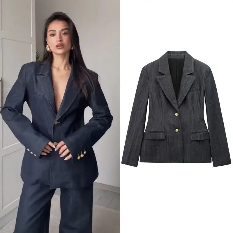 Women’s Elegant Denim Blazer Loose Single Breasted Coat - Blazers