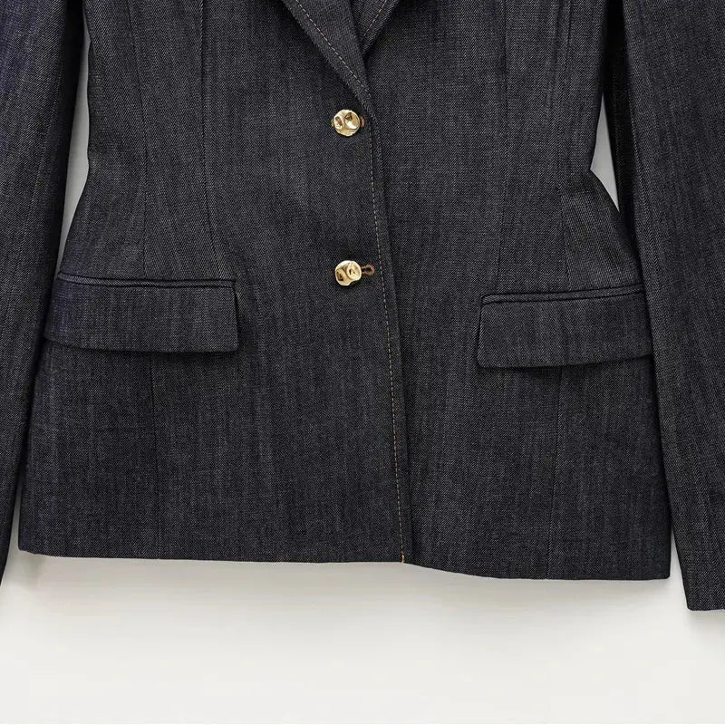 Women’s Elegant Denim Blazer Loose Single Breasted Coat - Blazers
