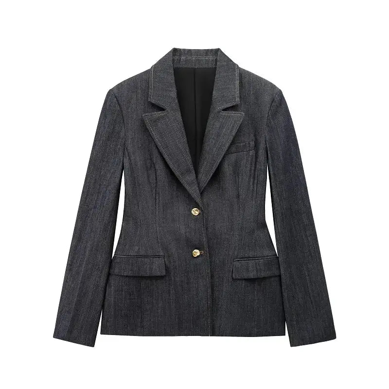 Women’s Elegant Denim Blazer Loose Single Breasted Coat - Deep Blue / S - Blazers