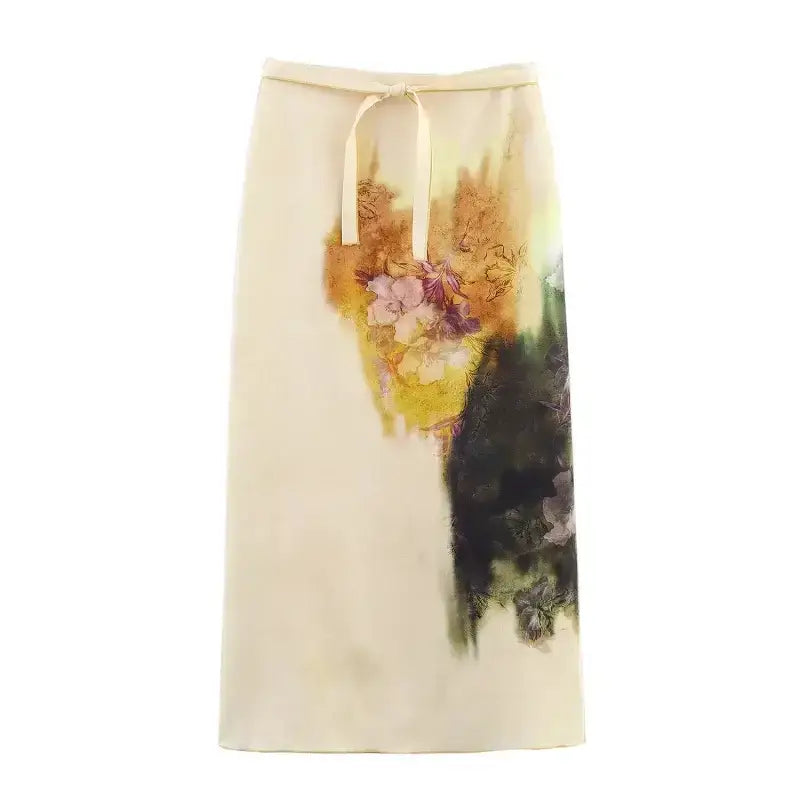 Beige fashion casual skirts with print featuring abstract floral design and adjustable waist tie