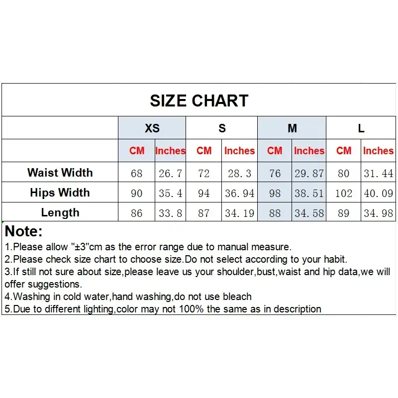 Size chart for fashion casual skirts with print showing measurements for waist, hips, and length in centimeters and inches