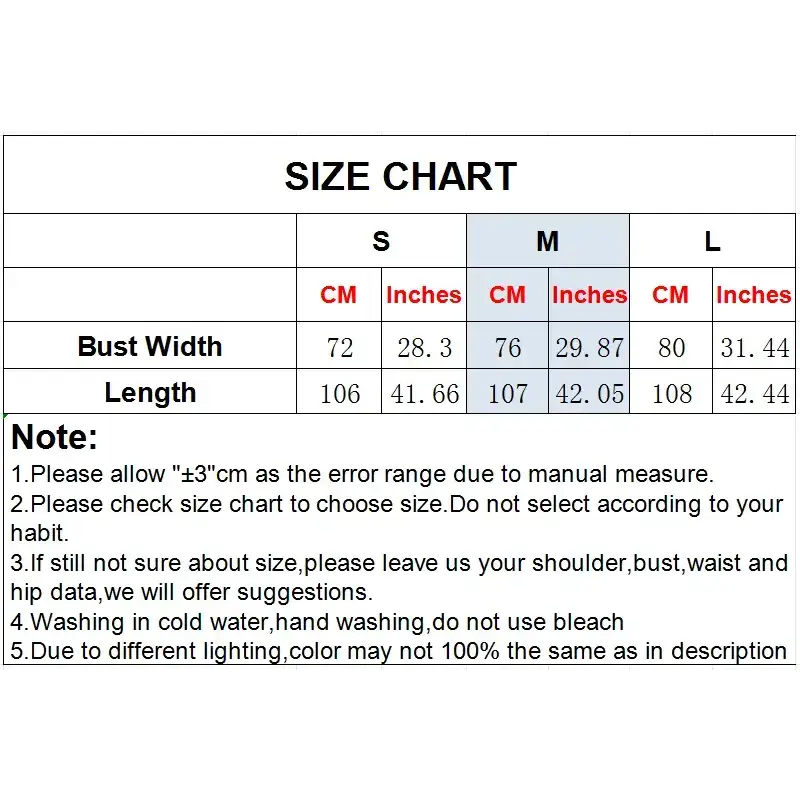 Size chart for sleeveless tie back floral dress showing bust width and length in centimeters and inches for sizes S, M, and L